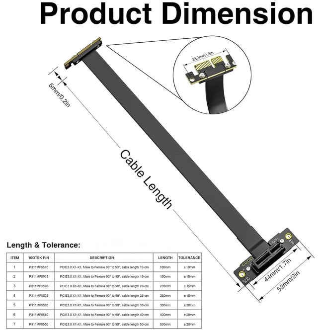 Alt view image 5 of 7 - PCIe 3.0 x1 Riser Cable, Male 90° to Female 90° EMI-Shielded GPU Jumper Cable for Graphics Cards, 20cm/0.66ft
