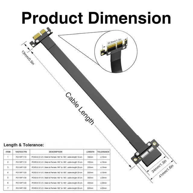 Alt view image 5 of 7 - PCIe 3.0 x1 Riser Cable, Male 180° to Female 180° EMI-Shielded GPU Jumper Cable for Graphics Cards, 40cm/1.31ft