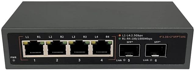 Main image of 6 Port 2.5G Unmanaged Switch, 4 x 2.5G Base-T Ports, 2 x SFP+ Ports, Support 10/100/1000/2500Mbps Adaptation, Plug & Play | Ethernet Splitter