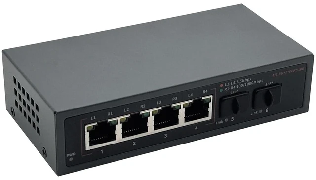 Alt view image 2 of 7 - 6 Port 2.5G Unmanaged Switch, 4 x 2.5G Base-T Ports, 2 x SFP+ Ports, Support 10/100/1000/2500Mbps Adaptation, Plug & Play | Ethernet Splitter
