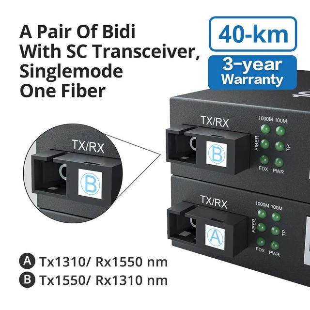 Alt view image 2 of 7 - a Pair of Gigabit Bidi Fiber to Ethernet Media Converter, SingleMode Single SC Fiber to Ethernet RJ45 Converter for 10/100/1000Base-Tx to 1000Base-EX, UL Certified, 1310-nm, up to 40-km