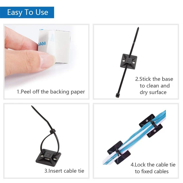 Alt view image 4 of 7 - Self Adhesive Cable Tie Mounts - 3M Strongly Adhesive-Backed Zip Tie Base Holders for Home, Office Cable Wire Management(19.5mm x 19.5mm, Black, 100pack)
