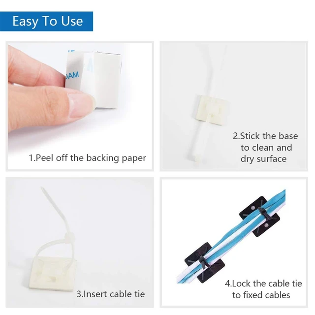 Alt view image 4 of 7 - Self Adhesive Cable Tie Mounts - 3M Strongly Adhesive-Backed Zip Tie Base Holders for Home, Office Cable Wire Management(19.5mm x 19.5mm, White, 100pack)