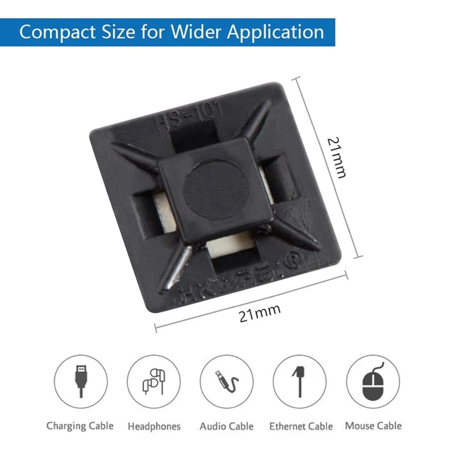 Alt view image 2 of 7 - Self Adhesive Cable Tie Mounts - 3M Strongly Adhesive-Backed Zip Tie Base Holders for Home, Office Cable Wire Management(21mm x 21mm, Black, 100pack)