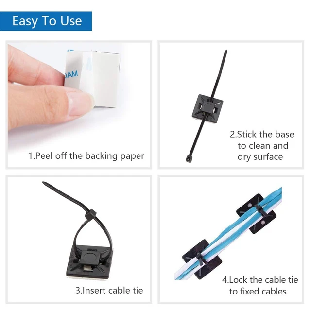 Alt view image 4 of 7 - Self Adhesive Cable Tie Mounts - 3M Strongly Adhesive-Backed Zip Tie Base Holders for Home, Office Cable Wire Management(21mm x 21mm, Black, 100pack)