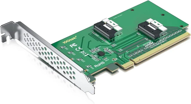 Main image of PCIe 4.0 x16 to Dual SFF-8654 Adapter Card for U.2 NVMe SSD, SlimSAS 8i Interface, with Full-Height and Low-Profile Bracket, Requires Bifurcation Support