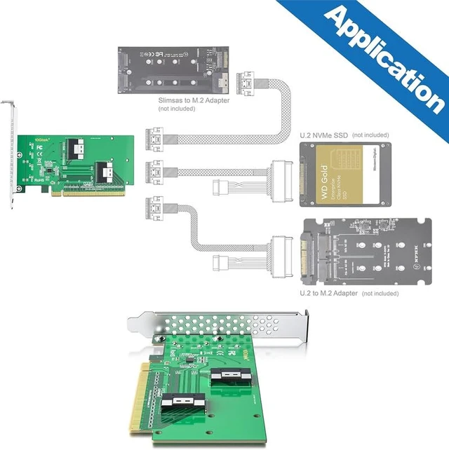 Alt view image 4 of 6 - PCIe 4.0 x16 to Dual SFF-8654 Adapter Card for U.2 NVMe SSD, SlimSAS 8i Interface, with Full-Height and Low-Profile Bracket, Requires Bifurcation Support