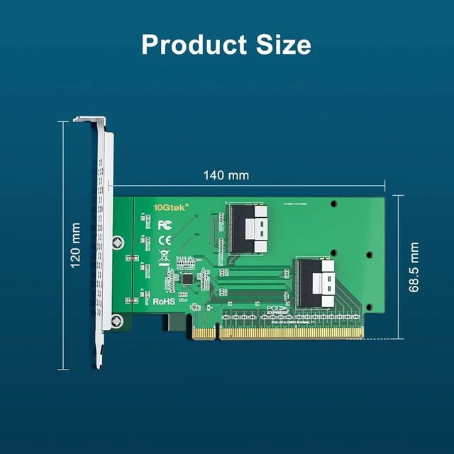 Alt view image 3 of 6 - PCIe 4.0 x16 to Dual SFF-8654 Adapter Card for U.2 NVMe SSD, SlimSAS 8i Interface, with Full-Height and Low-Profile Bracket, Requires Bifurcation Support