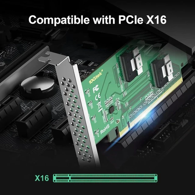 Alt view image 5 of 6 - PCIe 4.0 x16 to Dual SFF-8654 Adapter Card for U.2 NVMe SSD, SlimSAS 8i Interface, with Full-Height and Low-Profile Bracket, Requires Bifurcation Support