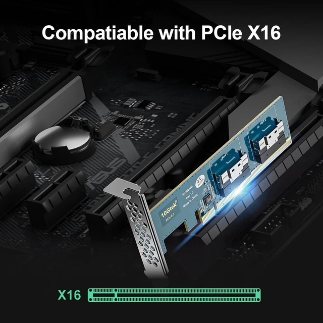 Alt view image 4 of 4 - PCIe 4.0 x16 to Dual SFF-8654 Adapter Card for U.2 NVMe SSD, SlimSAS 8i Interface, with Full-Height and Low-Profile Bracket, Requires Bifurcation Support