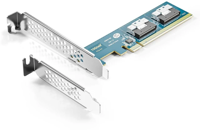Main image of PCIe 4.0 x16 to Dual SFF-8654 Adapter Card for U.2 NVMe SSD, SlimSAS 8i Interface, with Full-Height and Low-Profile Bracket, Requires Bifurcation Support