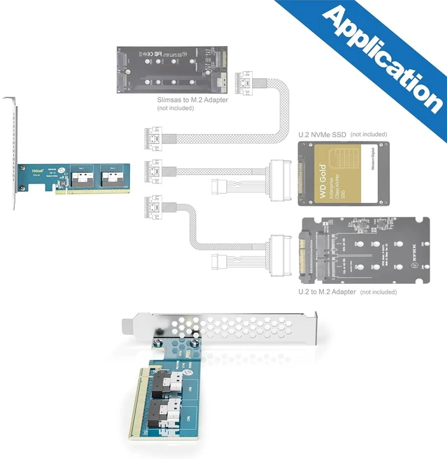 Alt view image 3 of 4 - PCIe 4.0 x16 to Dual SFF-8654 Adapter Card for U.2 NVMe SSD, SlimSAS 8i Interface, with Full-Height and Low-Profile Bracket, Requires Bifurcation Support