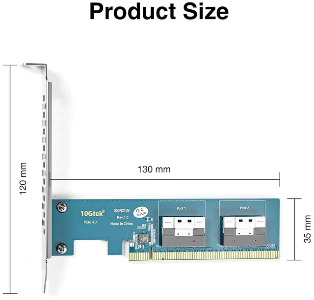Alt view image 2 of 4 - PCIe 4.0 x16 to Dual SFF-8654 Adapter Card for U.2 NVMe SSD, SlimSAS 8i Interface, with Full-Height and Low-Profile Bracket, Requires Bifurcation Support