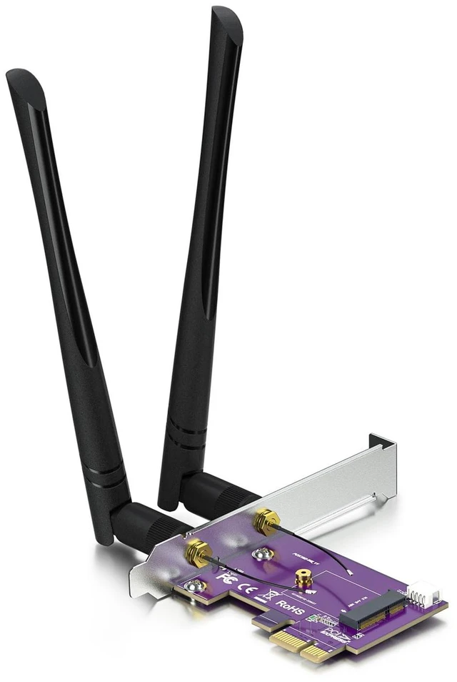 Main image of PCIe x1 to M.2 WiFi Bluetooth Adapter, A+E Key, 2x 5dBi Antennas