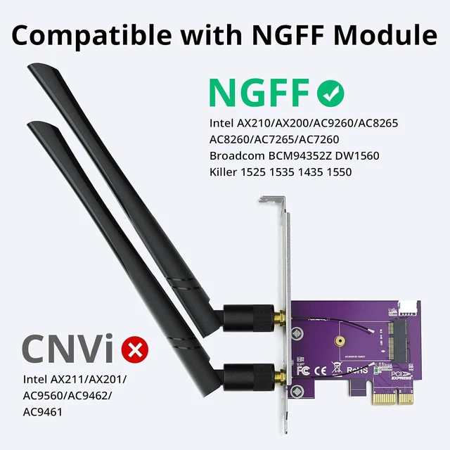 Alt view image 5 of 7 - PCIe x1 to M.2 WiFi Bluetooth Adapter, A+E Key, 2x 5dBi Antennas