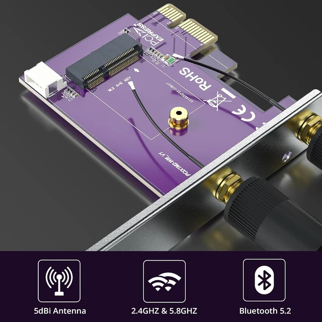 Alt view image 7 of 7 - PCIe x1 to M.2 WiFi Bluetooth Adapter, A+E Key, 2x 5dBi Antennas