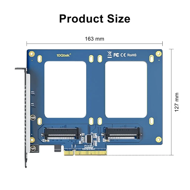 Alt view image 3 of 6 - PCIe 3.0 x8 to Dual U.2 NVMe SSD Adapter Card, SFF-8639 Interface with Full-Height Bracket for Server/NAS/Desktop Storage