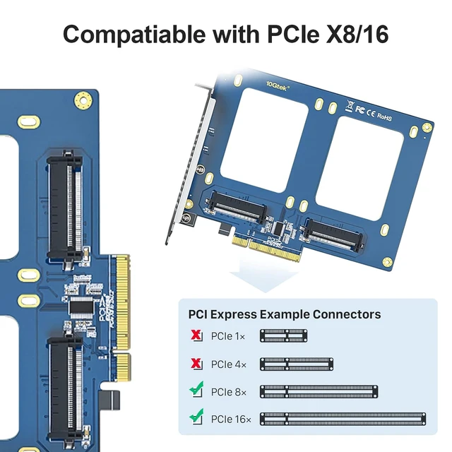 Alt view image 6 of 6 - PCIe 3.0 x8 to Dual U.2 NVMe SSD Adapter Card, SFF-8639 Interface with Full-Height Bracket for Server/NAS/Desktop Storage