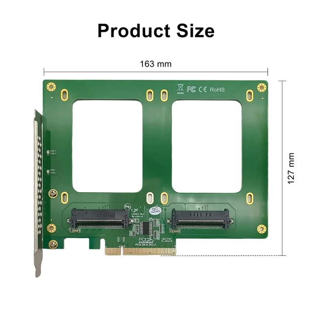 Alt view image 2 of 4 - Dual U.2 NVMe SSD Adapter Card, PCIe 3.0 x8 to SFF-8639, Full-Height Bracket, for Server/NAS/Desktop Storage Expansion