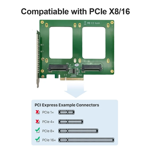 Alt view image 3 of 4 - Dual U.2 NVMe SSD Adapter Card, PCIe 3.0 x8 to SFF-8639, Full-Height Bracket, for Server/NAS/Desktop Storage Expansion