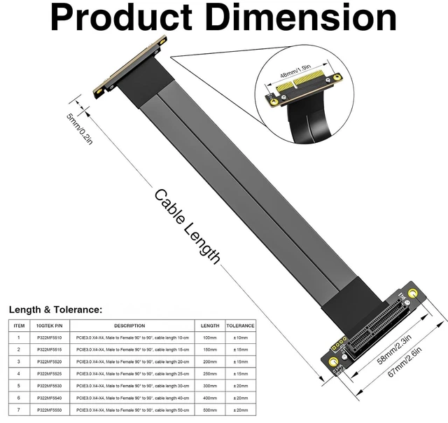 Alt view image 5 of 7 - PCIe 3.0 x4 Riser Cable, Male 90° to Female 90° PCIe Extender Jumper GPU/SSD/Server, 25cm/0.82ft