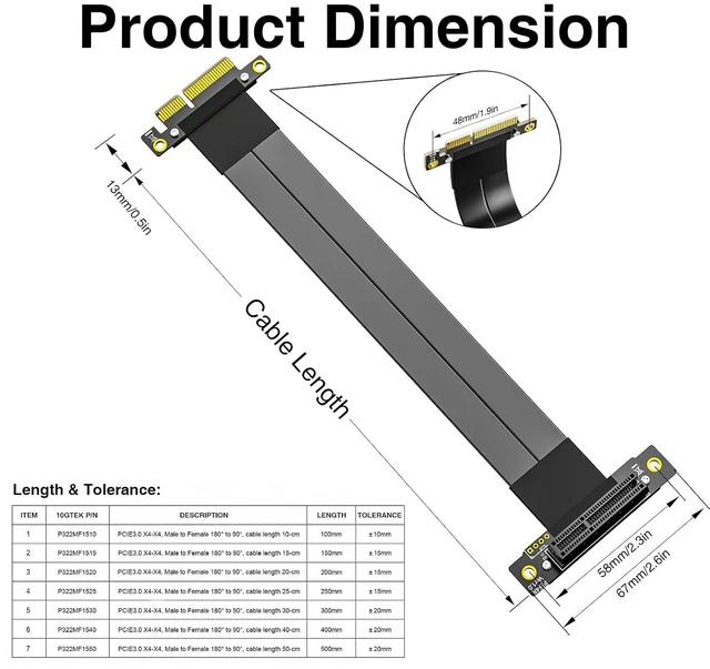 Alt view image 5 of 7 - PCIe 3.0 x4 Riser Cable, Male Straight to Female 90° PCIe Extender Jumper for GPU/SSD/Server, 25cm/0.82ft