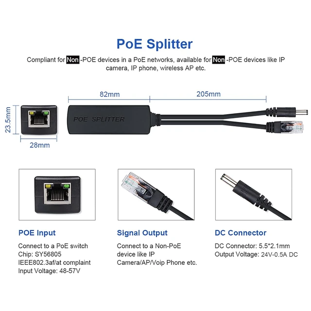 Alt view image 2 of 7 - PoE Splitter, 10/100/1000Mbps, IEEE 802.3af/at, 48V to 24V, 0.5A, 100 Meters Link