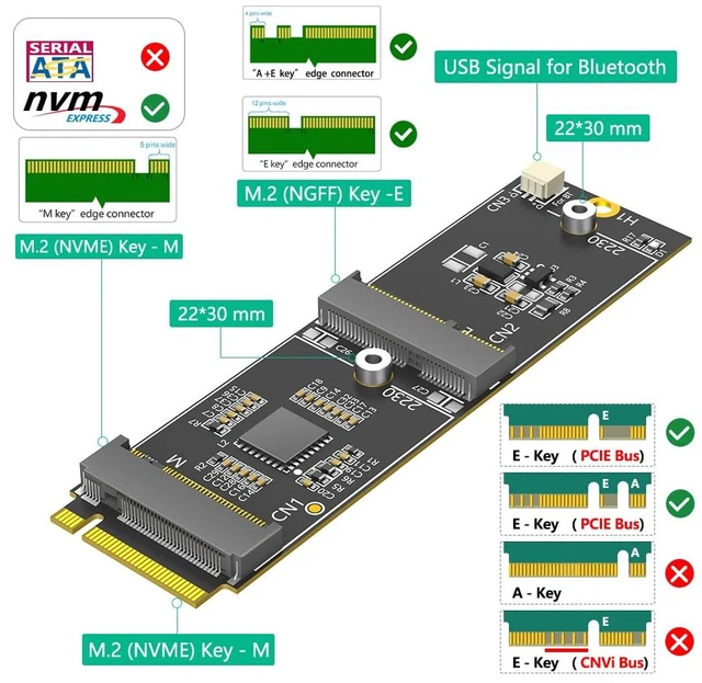 Alt view image 3 of 7 - M.2 Key-M to Dual M.2 Adapter Card, Supports 2230 Key-E A/E Module/Key-M nVME SSD,Compatible with Intel 7260,8260,9260