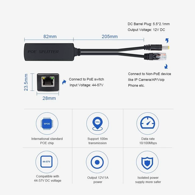 Alt view image 3 of 7 - POE Splitter Cable 100Mb/s 155Mb/s, 802.3AT/AF, 48V to 12V (PSE chip Inside), 100 Meters Link (2-Pack)