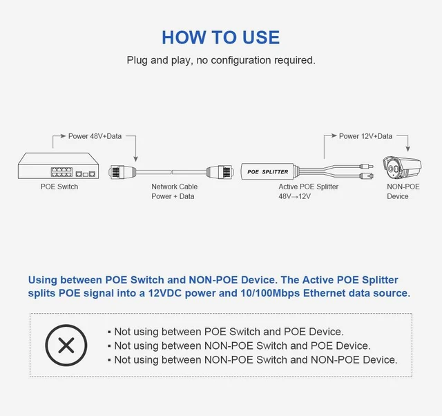 Alt view image 3 of 6 - 1.25G PoE Splitter Cable, 10/100/1000Mbps, 802.3af/at, 48V to 12V, 100 Meters Link