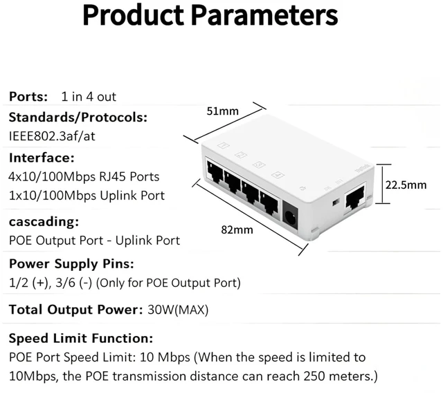 Alt view image 6 of 7 - PoE Extender, 1 in 4 Out PoE Extender Support IEEE 802.3af/at with 10/100Mbps, Plug&Play
