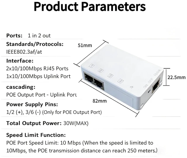 Alt view image 6 of 7 - PoE Extender, 1 in 2 Out PoE Extender Support IEEE 802.3af/at with 10/100Mbps, Plug&Play
