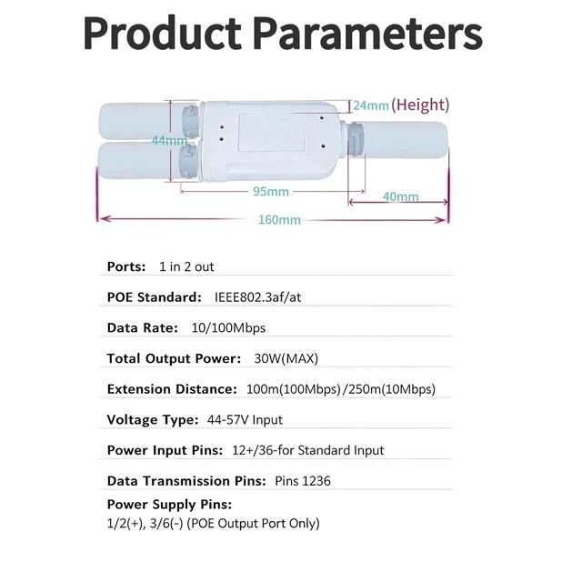 Alt view image 6 of 7 - Outdoor PoE Extender, Waterproof PoE, 1 in 2 Out PoE Extender,Support IEEE 802.3af/at with 10/100Mbps, Plug&Play