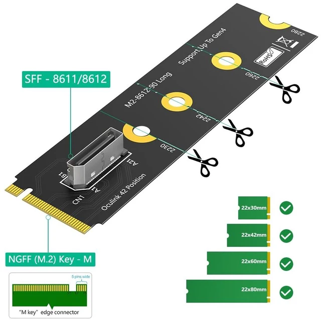 Alt view image 2 of 7 - Oculink SFF-8611/8612 to M.2 NVMe M-Key Interface Adapter Card (90B Degree)