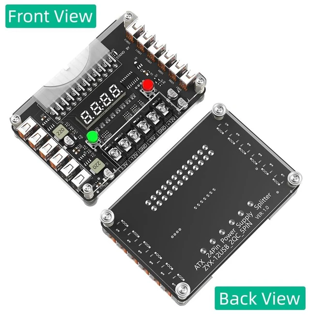 Alt view image 3 of 7 - New Version ATX Power Supply Breakout Board and Acrylic Case Kit with 3.3V, 5V, 12V,-12V Output Voltage and 12 Ports USB, 3A Maximum Output
