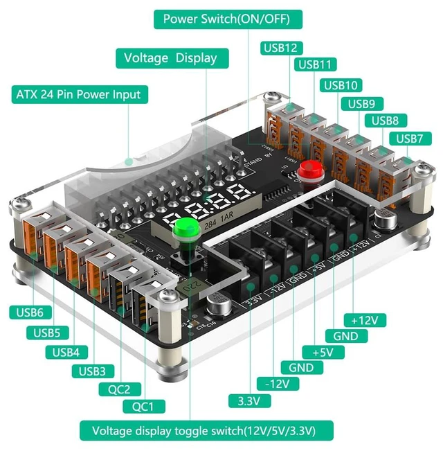 Alt view image 4 of 7 - New Version ATX Power Supply Breakout Board and Acrylic Case Kit with 3.3V, 5V, 12V,-12V Output Voltage and 12 Ports USB, 3A Maximum Output
