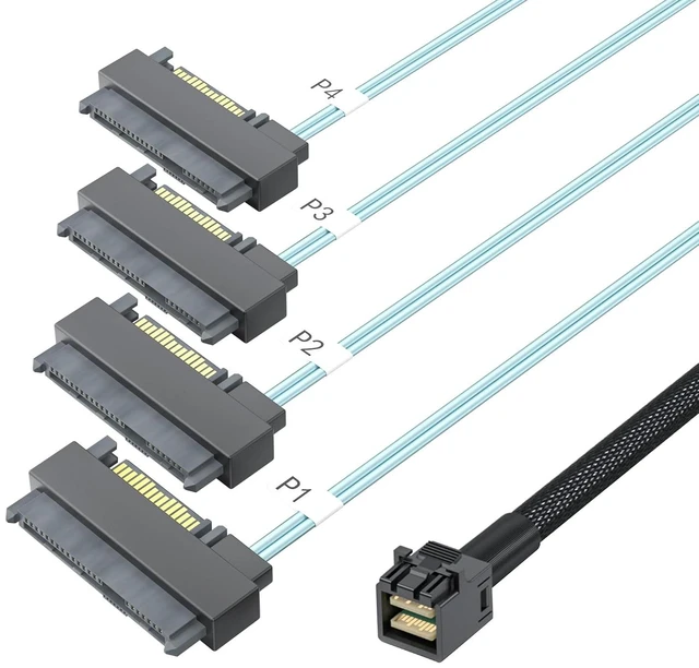 Main image of Mini SAS HD SFF-8643 to 4xSFF-8482 Internal Hard Drive Cable, up to 12Gb/s per Lane, with 15-pin Power Cord, 0.3m(1ft)