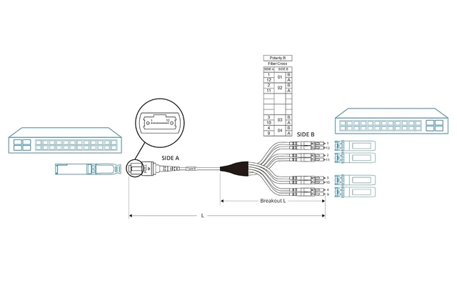Alt view image 6 of 6 - Fiber Patch Cable - MTP to 8xLC OM3 50/125m Multimode Fan-Out Fiber Jumper Patch Cord, 8-core Uniboot Breakout for 40G QSFP+ and 400G QSFP28 Transceivers, 15m(49.2-ft)