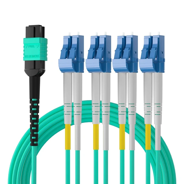 Alt view image 2 of 6 - Fiber Patch Cable - MTP to 8xLC OM3 50/125m Multimode Fan-Out Fiber Jumper Patch Cord, 8-core Uniboot Breakout for 40G QSFP+ and 400G QSFP28 Transceivers, 15m(49.2-ft)