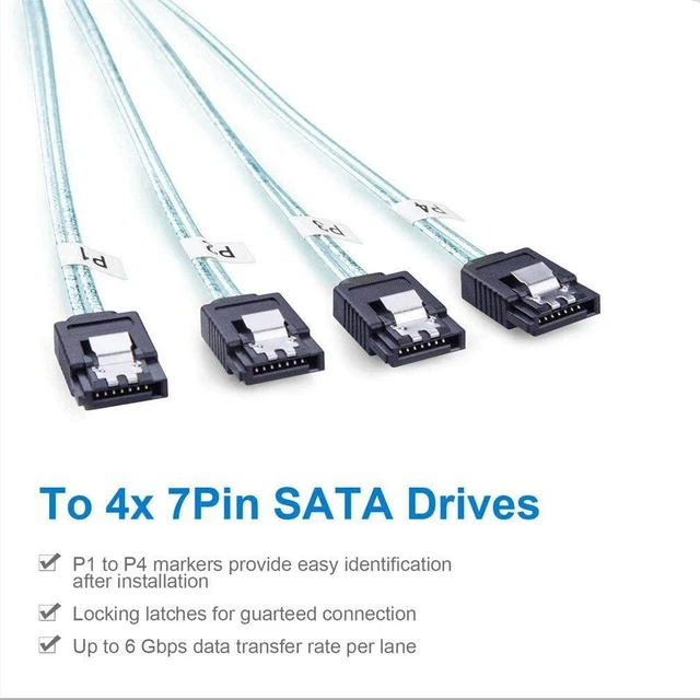 Alt view image 3 of 5 - MiniSAS SFF-8087 Fan-Out Cable Breakout to 4xSATA, 6Gbps High-Speed Cable for RAID Controllers, Servers & Storage Enclosures, 1-m(3.3ft)