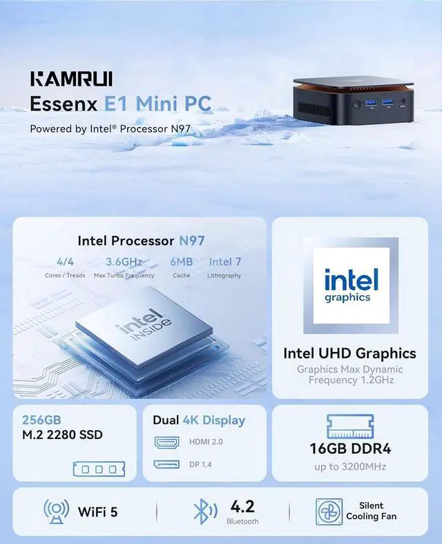 Alt view image 2 of 6 - KAMRUI Essenx E1 Mini PC Computer with N97 Processor, 16GB DDR4 RAM 256GB M.2 SSD, Mini Desktop Computer Support Dual 4K, WiFi, Bluetooth, Ethernet, HTPC for Business, Education, Home