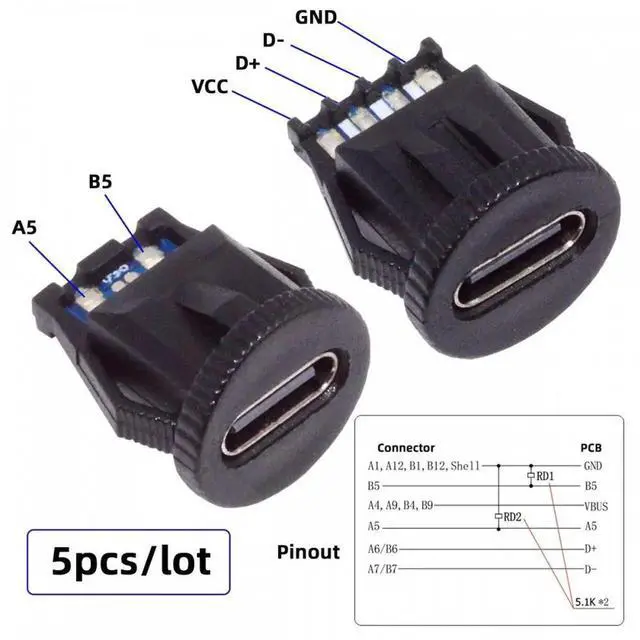 Alt view image 3 of 7 - JVFYI 5pcs/set DIY OEM Type C Female Socket Connector to 6Pin PCBA Pinout Round Latch Mount Type DC 5V/20V PD Power IP67