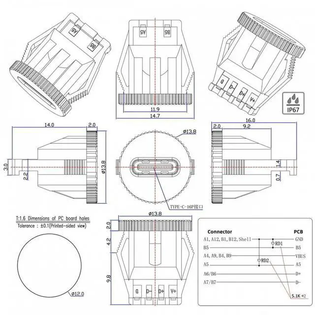 Alt view image 6 of 7 - JVFYI 5pcs/set DIY OEM Type C Female Socket Connector to 6Pin PCBA Pinout Round Latch Mount Type DC 5V/20V PD Power IP67