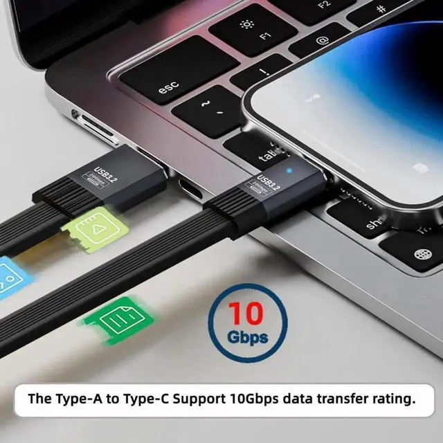 Alt view image 3 of 7 - JVFYI USB3.1 Type-A Male to Type-C Male 10Gbps Flat Slim FPC USB-C Data Power Cable 5V3A for Laptop Phone Disk (100cm)