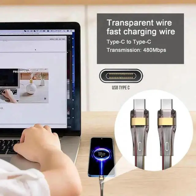 Alt view image 5 of 7 - JVFYI 1.0M USB-C Type C to USB-C Ultra Slim Flat Power USB2.0 Data Cable 65W Fast Charge for Laptop Tablet Phone