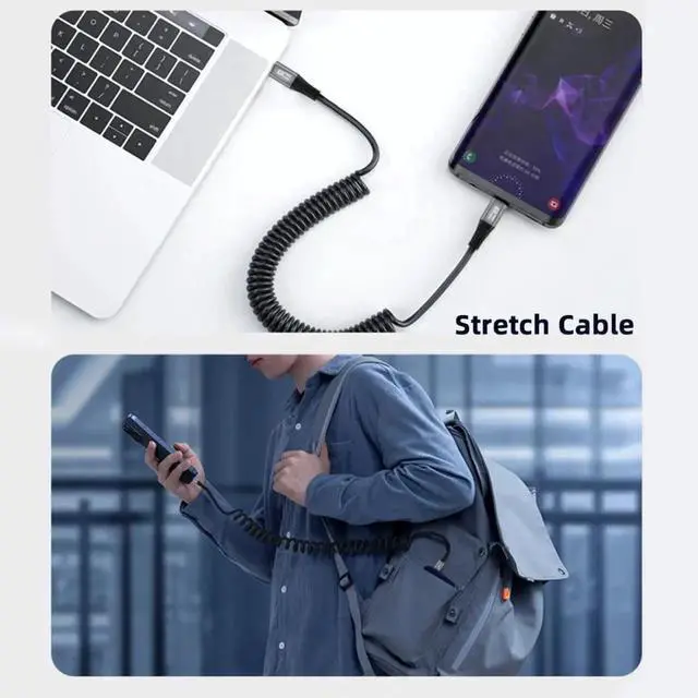 Alt view image 2 of 6 - JVFYI Stretch Coiled USB-C USB4 Cable 20Gbps 100W 8K for Laptop Keyboard Tablet Type-C Male to Female Extension Cable Power & Data