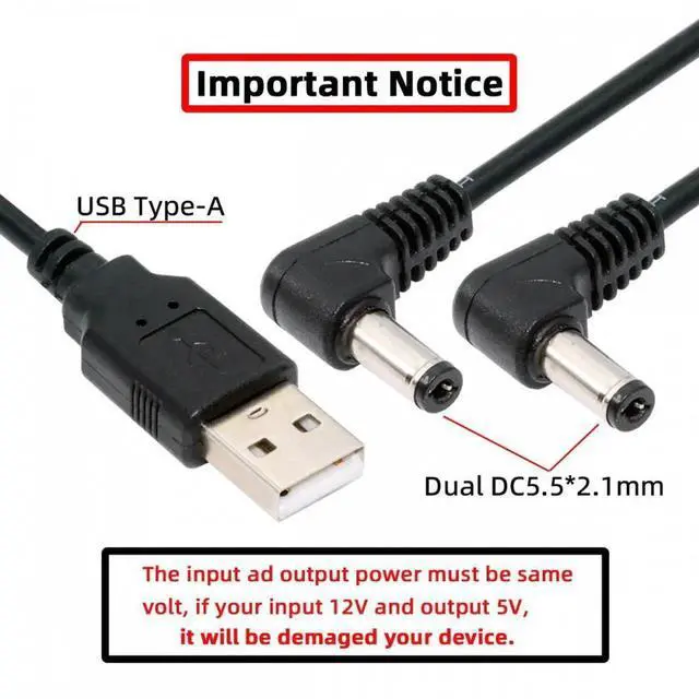 Alt view image 3 of 7 - JVFYI USB Type-A Male to Dual 5.5x2.1mm DC 5V Power Plug Splitter Right Angled 90 Degree Connector Charge Cable