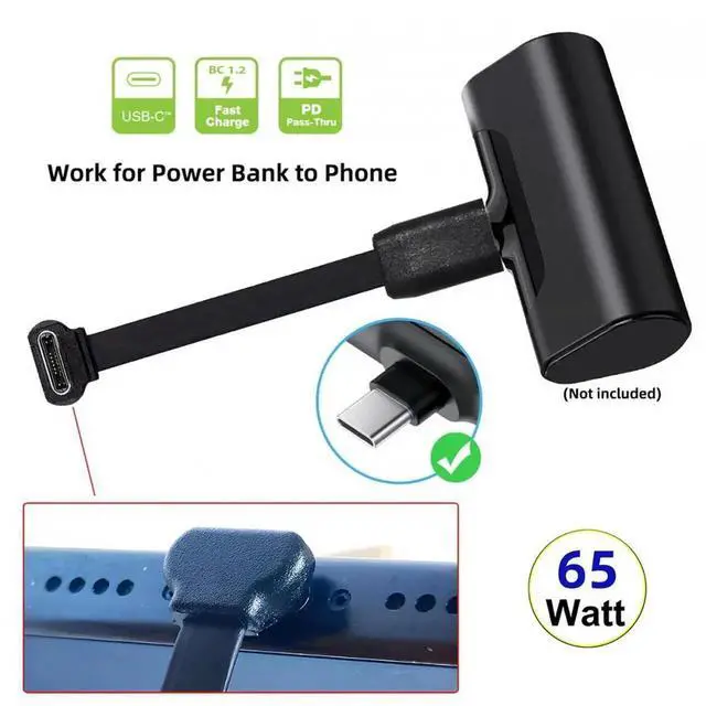 Alt view image 3 of 7 - JVFYI Ultra Slim Flat USB-C Type-C Male to Female Extension Power USB2.0 Data Cable 90 Degree Up Down Angled 65W Fast Charge for Laptop Tablet Phone