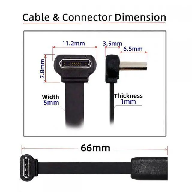 Alt view image 2 of 7 - JVFYI Ultra Slim Flat USB-C Type-C Male to Female Extension Power USB2.0 Data Cable 90 Degree Up Down Angled 65W Fast Charge for Laptop Tablet Phone