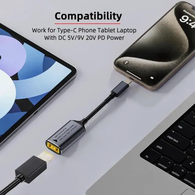 Alt view image 4 of 7 - JVFYI Rectangle Jack Thinkpad X1 Input to USB-C Type-C Power 140W Charge Cable for Laptop Phone PD9V 5V 20V 7A